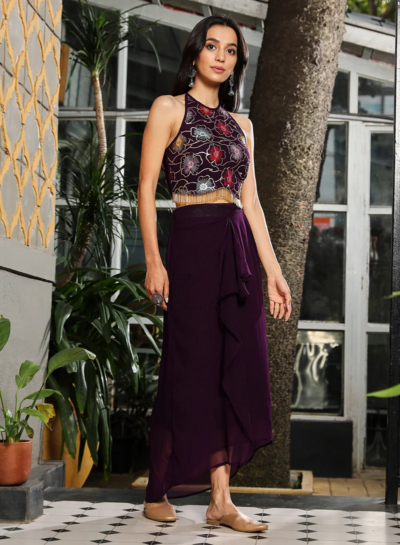 Qissa  Women's Plum Purple Periwinkle Co-Ord Set For Casual Wear | Halter Neck | Sleeveless | 3 Piece Co-Ords Designed With Comfort Fit For Everyday Ethnic Wear for Women | Best Price UAE
